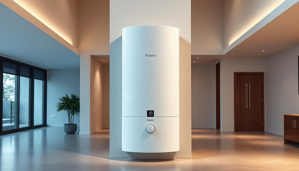 A sleek, modern Rheem smart water heater takes center stage, showcased in a well-lit, minimalist interior. The heater's clean, streamlined design blends seamlessly with the surrounding neutral-toned walls and a stylish, open-concept layout. The image emphasizes the flexibility of the installation, with the water heater positioned discreetly and integrated harmoniously into the space. Subtle shadows and diffused lighting create a sense of depth, while the overall composition highlights the heater's intuitive, intelligent features and seamless integration into the contemporary, connected home environment. A sleek, modern Rheem smart water heater takes center stage, showcased in a well-lit, minimalist interior. The heater's clean, streamlined design blends seamlessly with the surrounding neutral-toned walls and a stylish, open-concept layout. The image emphasizes the flexibility of the installation, with the water heater positioned discreetly and integrated harmoniously into the space. Subtle shadows and diffused lighting create a sense of depth, while the overall composition highlights the heater's intuitive, intelligent features and seamless integration into the contemporary, connected home environment.