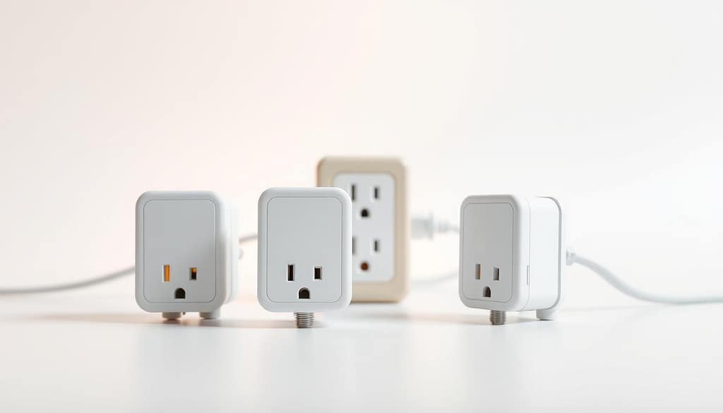 A sleek, modern arrangement of energy-efficient smart plugs against a minimalist, white background. The plugs are positioned prominently in the foreground, their simple yet elegant design highlighted by warm, diffused lighting from above. In the middle ground, a neutral-toned power strip or surge protector connects the smart plugs, emphasizing their convenient, integrated functionality. The background is subtly blurred, creating a sense of focus on the key energy-saving devices. The overall mood is one of sophisticated technology seamlessly integrated into a contemporary, sustainable home environment. A sleek, modern arrangement of energy-efficient smart plugs against a minimalist, white background. The plugs are positioned prominently in the foreground, their simple yet elegant design highlighted by warm, diffused lighting from above. In the middle ground, a neutral-toned power strip or surge protector connects the smart plugs, emphasizing their convenient, integrated functionality. The background is subtly blurred, creating a sense of focus on the key energy-saving devices. The overall mood is one of sophisticated technology seamlessly integrated into a contemporary, sustainable home environment.
