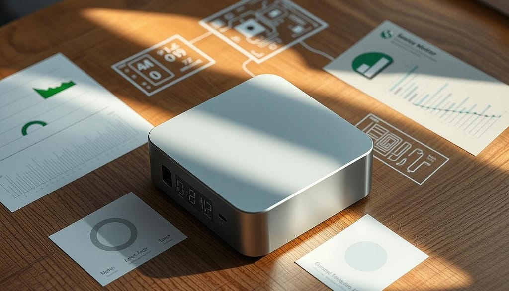 A sleek, modern device with a minimalist, metallic design sits atop a wooden surface, surrounded by stylized data visualizations and technical schematics. The device has a prominent display panel and various sensor inputs, hinting at its ability to monitor and analyze home energy consumption. The lighting is soft and directional, casting subtle shadows and highlights that accentuate the product's sophisticated aesthetics. The overall scene conveys a sense of advanced technology seamlessly integrated into a domestic environment, reflecting the capabilities of the Sense Energy Monitor to provide real-time insights into a home's energy usage and activity. A sleek, modern device with a minimalist, metallic design sits atop a wooden surface, surrounded by stylized data visualizations and technical schematics. The device has a prominent display panel and various sensor inputs, hinting at its ability to monitor and analyze home energy consumption. The lighting is soft and directional, casting subtle shadows and highlights that accentuate the product's sophisticated aesthetics. The overall scene conveys a sense of advanced technology seamlessly integrated into a domestic environment, reflecting the capabilities of the Sense Energy Monitor to provide real-time insights into a home's energy usage and activity.