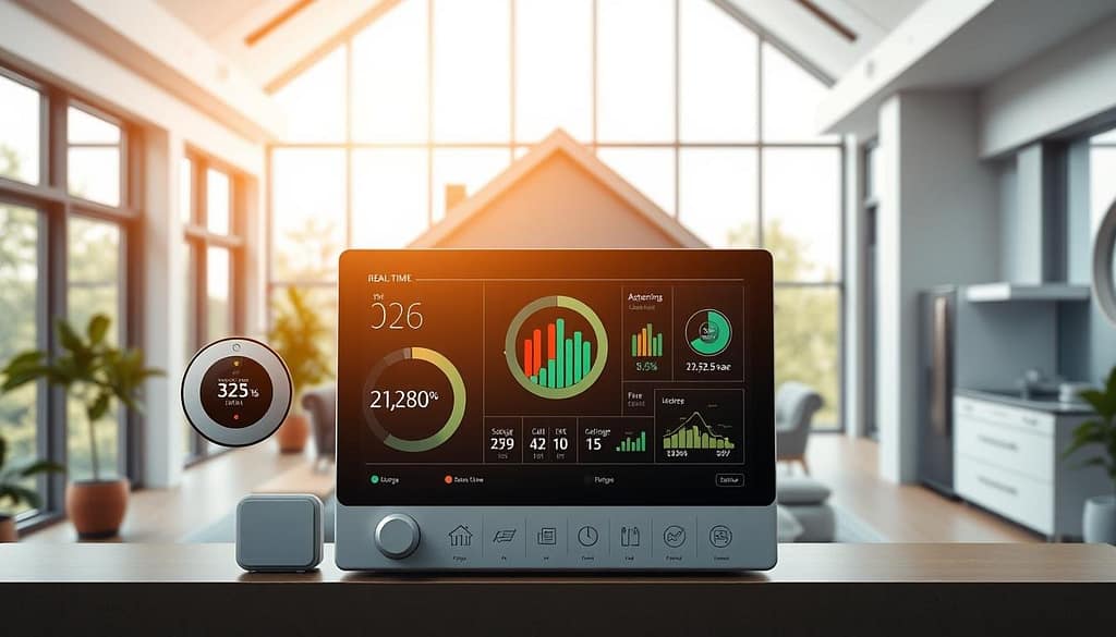 A sleek, modern home interior with a focus on energy-efficient smart home technologies. In the foreground, a centralized control panel displays real-time data on energy usage, carbon emissions, and money-saving insights. The middle ground features various smart home devices like a thermostat, lighting, and appliances, all seamlessly integrated and optimized for sustainability. The background showcases large windows allowing in abundant natural light, complemented by discreet solar panels on the roof. The scene exudes a sense of technological sophistication and environmental consciousness, creating a tranquil and efficient living space. A sleek, modern home interior with a focus on energy-efficient smart home technologies. In the foreground, a centralized control panel displays real-time data on energy usage, carbon emissions, and money-saving insights. The middle ground features various smart home devices like a thermostat, lighting, and appliances, all seamlessly integrated and optimized for sustainability. The background showcases large windows allowing in abundant natural light, complemented by discreet solar panels on the roof. The scene exudes a sense of technological sophistication and environmental consciousness, creating a tranquil and efficient living space.