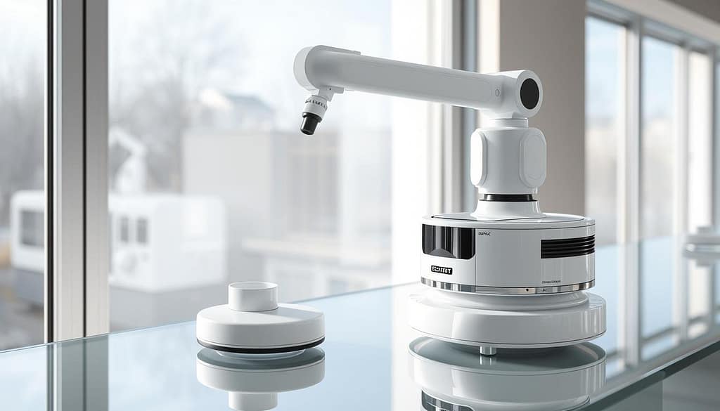 A sleek, modern robotic window cleaning station, the ECOVACS WINBOT W2 PRO Omni, stands prominently on a pristine glass surface. Streamlined, white and chrome accents catch the soft, natural light filtering in through the windows. The robotic arm extends gracefully, poised to glide across the glass, leaving a spotless, streak-free finish. Minimalist, intuitive controls and display panels are neatly integrated into the clean, uncluttered design. The whole assembly exudes a sense of sophisticated efficiency, ready to revolutionize the chore of window washing. A close-up, high-resolution rendering captures every intricate detail, showcasing the engineering prowess and innovative spirit of this cutting-edge home cleaning solution. A sleek, modern robotic window cleaning station, the ECOVACS WINBOT W2 PRO Omni, stands prominently on a pristine glass surface. Streamlined, white and chrome accents catch the soft, natural light filtering in through the windows. The robotic arm extends gracefully, poised to glide across the glass, leaving a spotless, streak-free finish. Minimalist, intuitive controls and display panels are neatly integrated into the clean, uncluttered design. The whole assembly exudes a sense of sophisticated efficiency, ready to revolutionize the chore of window washing. A close-up, high-resolution rendering captures every intricate detail, showcasing the engineering prowess and innovative spirit of this cutting-edge home cleaning solution.