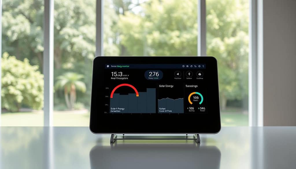 A sleek, modern sense energy monitor display with a prominently featured solar energy savings dashboard. The device is set against a minimalist, light-filled interior with large windows overlooking a lush green backyard. The dashboard showcases real-time energy consumption, solar energy generation, and cost savings in a clean, intuitive interface. Crisp, realistic lighting highlights the monitor's glossy, high-tech design. The overall scene conveys a sense of environmental consciousness, efficiency, and technological sophistication within a serene, comfortable home setting. A sleek, modern sense energy monitor display with a prominently featured solar energy savings dashboard. The device is set against a minimalist, light-filled interior with large windows overlooking a lush green backyard. The dashboard showcases real-time energy consumption, solar energy generation, and cost savings in a clean, intuitive interface. Crisp, realistic lighting highlights the monitor's glossy, high-tech design. The overall scene conveys a sense of environmental consciousness, efficiency, and technological sophistication within a serene, comfortable home setting.