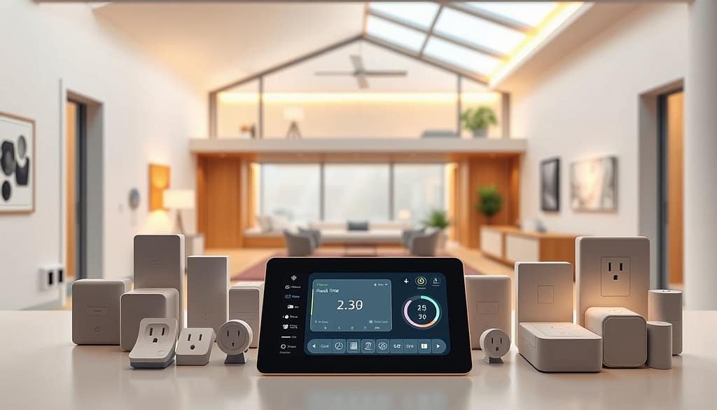 A sleek, modern smart home energy management system with various components arranged in a well-organized and aesthetically pleasing layout. In the foreground, a touchscreen display showcases real-time energy usage data and intuitive controls. Surrounding it, a selection of smart plugs, sensors, and switches in muted tones blend seamlessly into the minimalist design. In the middle ground, a central hub or control unit connects the system, its elegant lines and soft lighting accents conveying a sense of advanced technology. In the background, a simplified architectural rendering of a smart home interior provides context, with clean lines, large windows, and subtle home automation elements hinting at the system's integration. Warm, diffused lighting from various sources creates a calm, efficient atmosphere, reflecting the system's role in optimizing energy management. A sleek, modern smart home energy management system with various components arranged in a well-organized and aesthetically pleasing layout. In the foreground, a touchscreen display showcases real-time energy usage data and intuitive controls. Surrounding it, a selection of smart plugs, sensors, and switches in muted tones blend seamlessly into the minimalist design. In the middle ground, a central hub or control unit connects the system, its elegant lines and soft lighting accents conveying a sense of advanced technology. In the background, a simplified architectural rendering of a smart home interior provides context, with clean lines, large windows, and subtle home automation elements hinting at the system's integration. Warm, diffused lighting from various sources creates a calm, efficient atmosphere, reflecting the system's role in optimizing energy management.