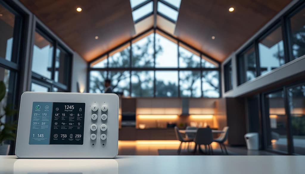 A sleek, modern smart home interior with a focus on energy-efficient automation systems. In the foreground, a minimalist control panel with intuitive interfaces and voice commands seamlessly regulates lighting, temperature, and appliance usage. The middle ground showcases an array of sensors and IoT devices discreetly integrated into the home's architecture, continuously monitoring and optimizing resource consumption. In the background, large windows provide ample natural lighting, complemented by strategically placed LED fixtures casting a warm, ambient glow. The overall atmosphere conveys a sense of technological sophistication harmoniously blended with environmental sustainability. A sleek, modern smart home interior with a focus on energy-efficient automation systems. In the foreground, a minimalist control panel with intuitive interfaces and voice commands seamlessly regulates lighting, temperature, and appliance usage. The middle ground showcases an array of sensors and IoT devices discreetly integrated into the home's architecture, continuously monitoring and optimizing resource consumption. In the background, large windows provide ample natural lighting, complemented by strategically placed LED fixtures casting a warm, ambient glow. The overall atmosphere conveys a sense of technological sophistication harmoniously blended with environmental sustainability.