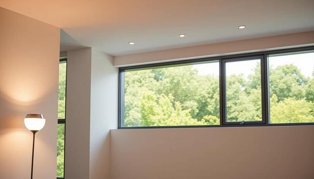 A sleek, modern smart home interior with a focus on sustainable lighting technology. In the foreground, a minimalist, energy-efficient floor lamp casts a warm, ambient glow. The middle ground features a series of recessed ceiling lights seamlessly integrated into the clean, minimalist design. In the background, a large window overlooking a lush, green landscape, allowing natural daylight to complement the intelligent lighting system. The entire scene conveys a sense of efficiency, environmental consciousness, and technological sophistication, perfectly suited for the "Intelligent Lighting Systems Reducing Electricity Waste" section of the article. A sleek, modern smart home interior with a focus on sustainable lighting technology. In the foreground, a minimalist, energy-efficient floor lamp casts a warm, ambient glow. The middle ground features a series of recessed ceiling lights seamlessly integrated into the clean, minimalist design. In the background, a large window overlooking a lush, green landscape, allowing natural daylight to complement the intelligent lighting system. The entire scene conveys a sense of efficiency, environmental consciousness, and technological sophistication, perfectly suited for the "Intelligent Lighting Systems Reducing Electricity Waste" section of the article.