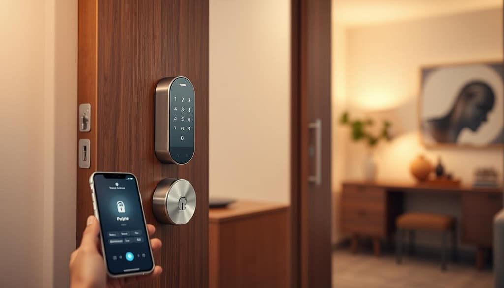 A sleek, modern smart lock system mounted on a wooden door. The lock mechanism is made of brushed steel, with a touch panel interface for secure access control. In the foreground, a smartphone with a security app is visible, allowing remote monitoring and operation of the lock. The middle ground shows the door frame and entry area, with minimalist decor hinting at a stylish, contemporary home interior. The background is softly blurred, emphasizing the lock system as the focal point. Warm, indirect lighting creates a welcoming, high-tech ambiance, conveying a sense of intelligent, hassle-free home security. A sleek, modern smart lock system mounted on a wooden door. The lock mechanism is made of brushed steel, with a touch panel interface for secure access control. In the foreground, a smartphone with a security app is visible, allowing remote monitoring and operation of the lock. The middle ground shows the door frame and entry area, with minimalist decor hinting at a stylish, contemporary home interior. The background is softly blurred, emphasizing the lock system as the focal point. Warm, indirect lighting creates a welcoming, high-tech ambiance, conveying a sense of intelligent, hassle-free home security.