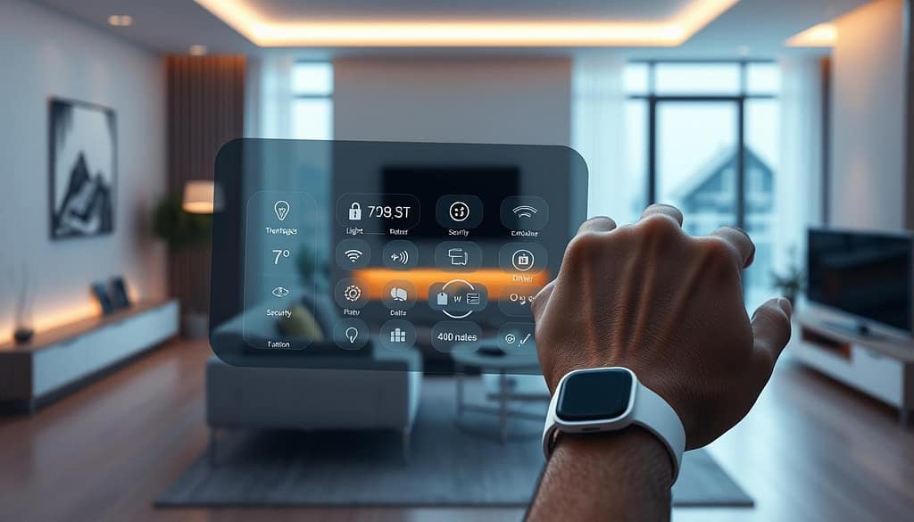 A smartly designed smart home control panel seamlessly integrated with a stylish, futuristic wearable device. The control panel showcases various smart home features like lighting, temperature, security, and entertainment, all intuitively accessible through the sleek wearable interface. In the background, a modern, minimalist living room with clean lines, large windows, and subtle ambient lighting creates a serene, technology-infused atmosphere. The wearable device, worn on the user's wrist, features a high-resolution display and intuitive touch controls, blending form and function to redefine connected living. Crisp, hyper-realistic rendering with a slight cinematic tone highlights the sophisticated, harmonious integration of smart home and wearable technologies. A smartly designed smart home control panel seamlessly integrated with a stylish, futuristic wearable device. The control panel showcases various smart home features like lighting, temperature, security, and entertainment, all intuitively accessible through the sleek wearable interface. In the background, a modern, minimalist living room with clean lines, large windows, and subtle ambient lighting creates a serene, technology-infused atmosphere. The wearable device, worn on the user's wrist, features a high-resolution display and intuitive touch controls, blending form and function to redefine connected living. Crisp, hyper-realistic rendering with a slight cinematic tone highlights the sophisticated, harmonious integration of smart home and wearable technologies.