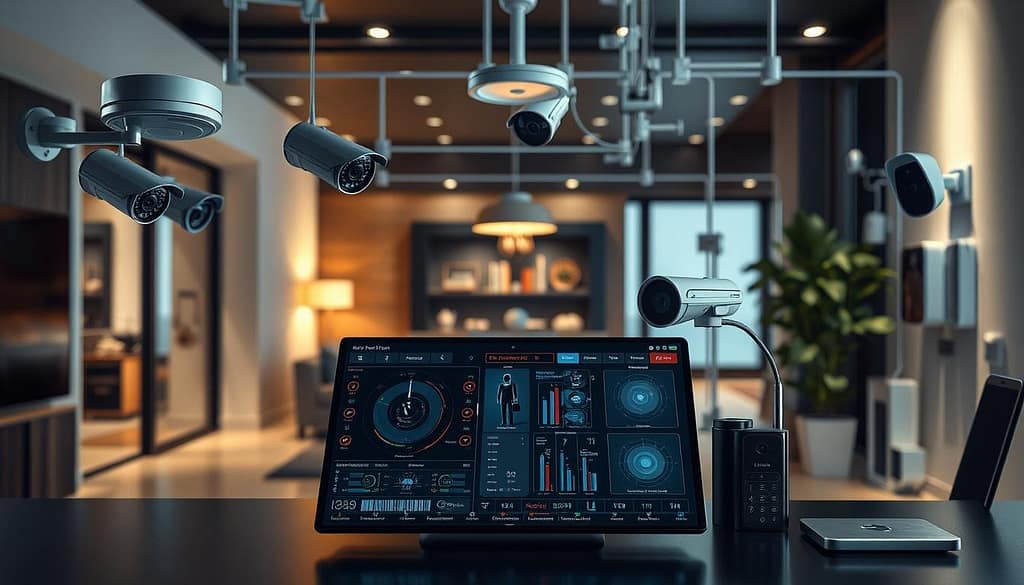 A sophisticated IoT security network protection system, with an array of interconnected devices seamlessly monitoring and safeguarding a modern smart home. In the foreground, a central command hub displays real-time data from various sensors - motion detectors, cameras, and access control systems. The middle ground features sleek, discrete security cameras strategically placed throughout the interior and exterior, their lenses capturing every angle. In the background, a series of networked devices - smart locks, lighting, and climate controls - work in harmony to create a comprehensive, automated security system. Soft, ambient lighting illuminates the scene, conveying a sense of technological sophistication and reliable protection. The overall composition exudes a mood of technological prowess, intelligent design, and unwavering security. A sophisticated IoT security network protection system, with an array of interconnected devices seamlessly monitoring and safeguarding a modern smart home. In the foreground, a central command hub displays real-time data from various sensors - motion detectors, cameras, and access control systems. The middle ground features sleek, discrete security cameras strategically placed throughout the interior and exterior, their lenses capturing every angle. In the background, a series of networked devices - smart locks, lighting, and climate controls - work in harmony to create a comprehensive, automated security system. Soft, ambient lighting illuminates the scene, conveying a sense of technological sophistication and reliable protection. The overall composition exudes a mood of technological prowess, intelligent design, and unwavering security.