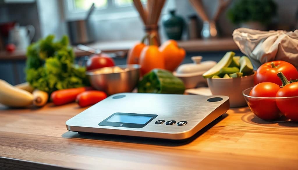 A stainless steel smart kitchen scale sits on a wooden countertop, its sleek digital display showcasing its user-friendly features. Surrounded by a variety of fresh produce and culinary tools, the scale exudes a sense of effortless meal preparation. Warm, diffused lighting illuminates the scene, creating a cozy and inviting atmosphere. The scale's large, easy-to-read numbers and intuitive controls are prominently featured, emphasizing its convenience and accessibility. The overall composition conveys a harmonious blend of modern technology and natural, wholesome ingredients, perfectly capturing the essence of a smart, user-friendly kitchen gadget. A stainless steel smart kitchen scale sits on a wooden countertop, its sleek digital display showcasing its user-friendly features. Surrounded by a variety of fresh produce and culinary tools, the scale exudes a sense of effortless meal preparation. Warm, diffused lighting illuminates the scene, creating a cozy and inviting atmosphere. The scale's large, easy-to-read numbers and intuitive controls are prominently featured, emphasizing its convenience and accessibility. The overall composition conveys a harmonious blend of modern technology and natural, wholesome ingredients, perfectly capturing the essence of a smart, user-friendly kitchen gadget.
