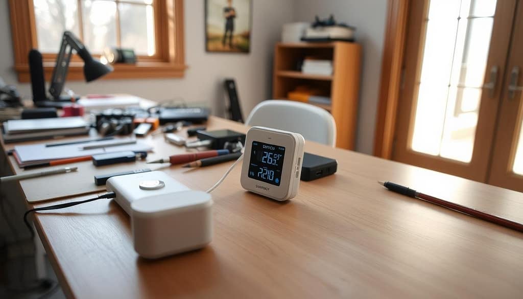 A well-lit workspace with a sturdy desk and a clean, organized setup. A SwitchBot temperature and humidity sensor sits prominently on the desk, surrounded by various electronic components and tools. The sensor is connected to a sleek, modern-looking hub via a thin cable. In the background, a large window allows natural light to flood the room, casting a warm, inviting glow. The overall atmosphere is one of efficiency and attention to detail, reflecting the careful setup process for this smart home monitoring system. A well-lit workspace with a sturdy desk and a clean, organized setup. A SwitchBot temperature and humidity sensor sits prominently on the desk, surrounded by various electronic components and tools. The sensor is connected to a sleek, modern-looking hub via a thin cable. In the background, a large window allows natural light to flood the room, casting a warm, inviting glow. The overall atmosphere is one of efficiency and attention to detail, reflecting the careful setup process for this smart home monitoring system.