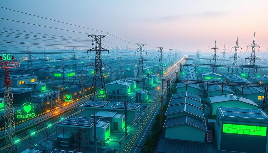 An expansive 5G-powered smart grid, with high-efficiency power lines and substations seamlessly integrated into a sleek, modern cityscape. In the foreground, glowing green energy indicators and digital displays showcase real-time energy usage and savings. The middle ground features cutting-edge smart home technologies, from solar panels to smart thermostats, all wirelessly connected and optimizing energy consumption. In the background, towering 5G cellular antennas stand tall, casting a soft, blue-hued glow that illuminates the scene. The overall atmosphere evokes a sense of technological harmony, where 5G enables the smart grid to revolutionize energy efficiency for the modern home. An expansive 5G-powered smart grid, with high-efficiency power lines and substations seamlessly integrated into a sleek, modern cityscape. In the foreground, glowing green energy indicators and digital displays showcase real-time energy usage and savings. The middle ground features cutting-edge smart home technologies, from solar panels to smart thermostats, all wirelessly connected and optimizing energy consumption. In the background, towering 5G cellular antennas stand tall, casting a soft, blue-hued glow that illuminates the scene. The overall atmosphere evokes a sense of technological harmony, where 5G enables the smart grid to revolutionize energy efficiency for the modern home.