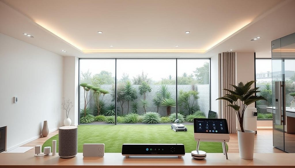 An ultra-modern AI-powered smart home, with a sleek and minimalist interior design. In the foreground, a series of connected devices - a voice-controlled smart speaker, a touchscreen control panel, and an array of smart sensors monitoring temperature, lighting, and security. In the middle ground, a panoramic window offers a view of a lush, futuristic garden, with robotic lawn mowers and automated irrigation systems. The background features a clean, white ceiling with discreet recessed lighting, creating a warm and inviting ambiance. The overall scene conveys a sense of seamless integration between technology and nature, representing the next evolution of living in an AI-driven smart home. An ultra-modern AI-powered smart home, with a sleek and minimalist interior design. In the foreground, a series of connected devices - a voice-controlled smart speaker, a touchscreen control panel, and an array of smart sensors monitoring temperature, lighting, and security. In the middle ground, a panoramic window offers a view of a lush, futuristic garden, with robotic lawn mowers and automated irrigation systems. The background features a clean, white ceiling with discreet recessed lighting, creating a warm and inviting ambiance. The overall scene conveys a sense of seamless integration between technology and nature, representing the next evolution of living in an AI-driven smart home.