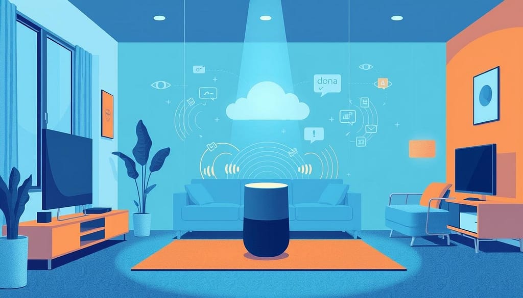Illustration showing privacy concerns with voice assistants listening in homes Illustration showing privacy concerns with voice assistants listening in homes