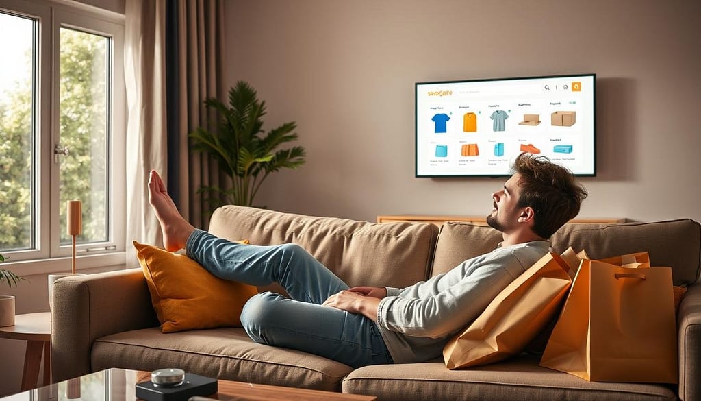 Person shopping using voice commands on a smart speaker Person shopping using voice commands on a smart speaker