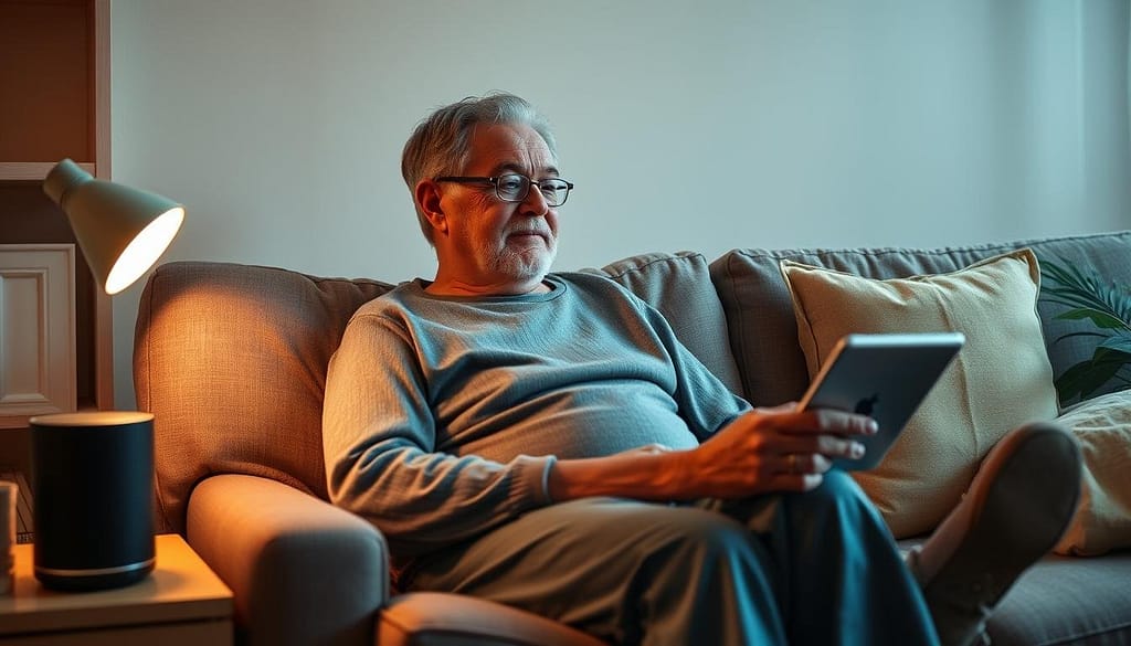 Person with mobility limitations using voice assistant for daily tasks Person with mobility limitations using voice assistant for daily tasks