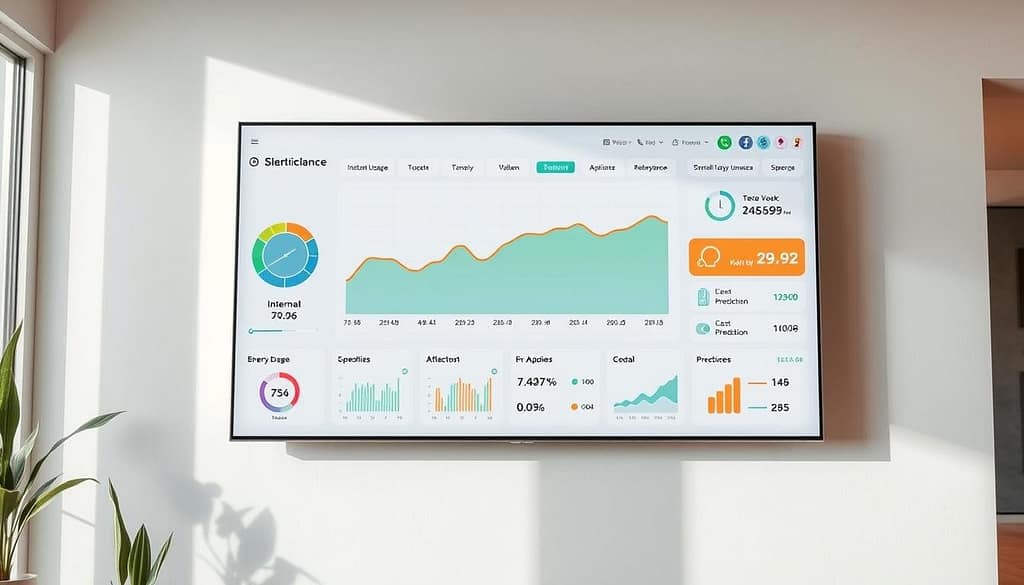 a detailed, high-resolution real-time electricity usage monitoring dashboard displayed on a large, sleek touchscreen display. The dashboard shows a prominent graph charting the current and historical power consumption, with supporting data visualizations like a dial gauge for instant usage, a breakdown of energy usage by appliance, and cost projections. The dashboard is situated in a modern, minimalist home interior with clean lines, natural lighting, and subtle accent colors. The display is mounted on a white wall, creating a seamless, integrated look. The overall feel is one of advanced, intuitive home energy management at a glance. a detailed, high-resolution real-time electricity usage monitoring dashboard displayed on a large, sleek touchscreen display. The dashboard shows a prominent graph charting the current and historical power consumption, with supporting data visualizations like a dial gauge for instant usage, a breakdown of energy usage by appliance, and cost projections. The dashboard is situated in a modern, minimalist home interior with clean lines, natural lighting, and subtle accent colors. The display is mounted on a white wall, creating a seamless, integrated look. The overall feel is one of advanced, intuitive home energy management at a glance.