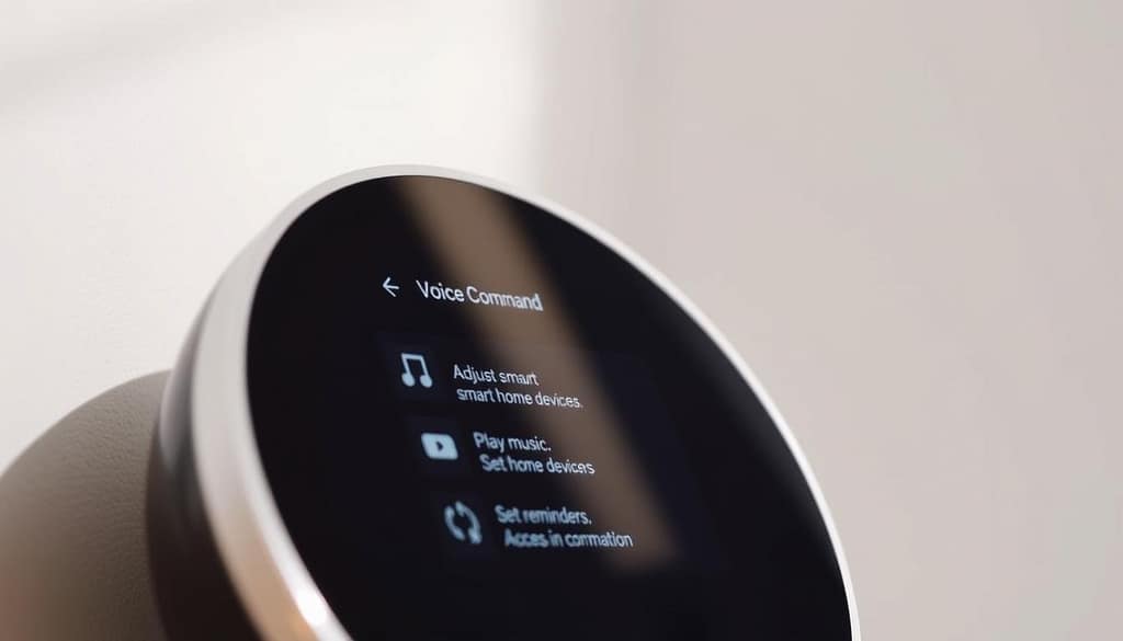 A close-up view of a Google Nest Hub display, showcasing a series of voice command options and icons against a clean, minimalist background. The device is positioned at a slight angle, highlighting its sleek, modern design. The screen displays various voice control options, such as adjusting smart home devices, playing music, setting reminders, and accessing information. The lighting is soft and diffused, creating a warm and inviting atmosphere. The overall composition emphasizes the intuitive and seamless integration of voice commands within the Nest Hub ecosystem. A close-up view of a Google Nest Hub display, showcasing a series of voice command options and icons against a clean, minimalist background. The device is positioned at a slight angle, highlighting its sleek, modern design. The screen displays various voice control options, such as adjusting smart home devices, playing music, setting reminders, and accessing information. The lighting is soft and diffused, creating a warm and inviting atmosphere. The overall composition emphasizes the intuitive and seamless integration of voice commands within the Nest Hub ecosystem.