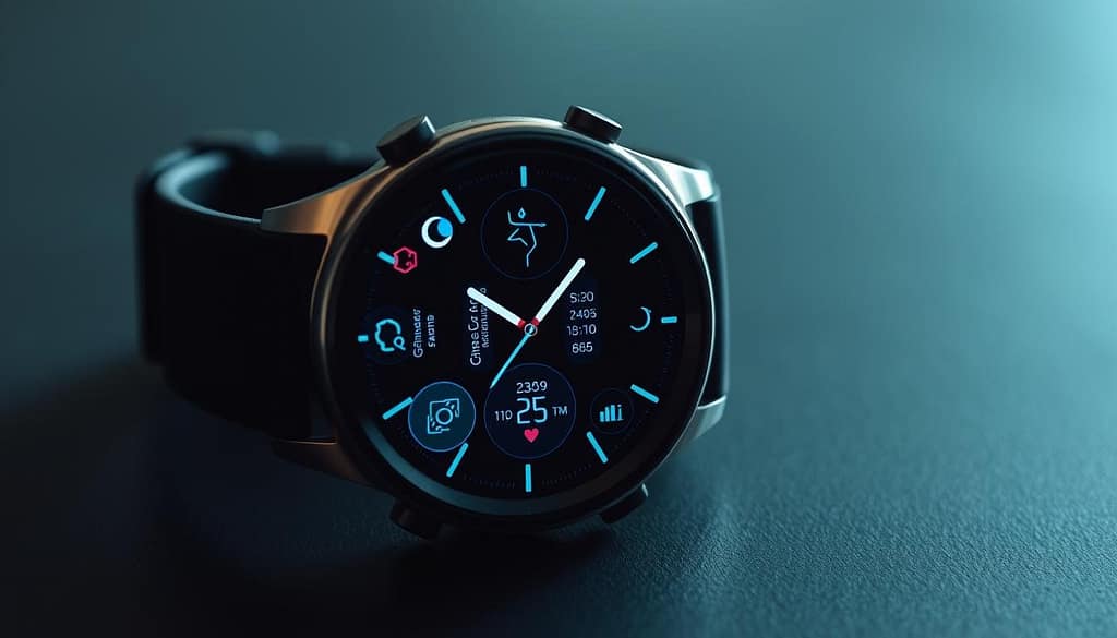 A close-up view of a futuristic smartwatch display, showcasing various wellness-focused features. The screen is crisp and vibrant, with a sleek, minimalist design. Intuitive icons and infographics display heart rate, sleep tracking, workout routines, and other health metrics. The watch face is illuminated by soft, diffused lighting, creating a serene, high-tech atmosphere. The smartwatch is positioned on a matte, dark surface, allowing the display to take center stage. The overall composition emphasizes the advanced, AI-powered capabilities of the Samsung Galaxy Watch 7, perfectly suited for the "AI-Powered Wellness Features" section of the article.