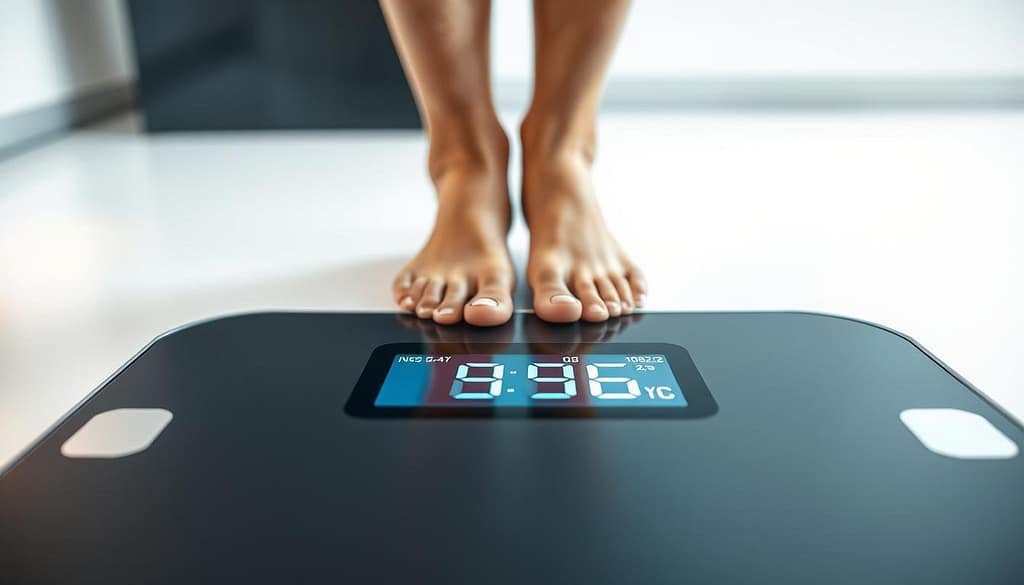 A close-up view of bioelectrical impedance analysis (BIA) technology. In the foreground, a sleek, modern digital scale displays measurement data. The scale's surface features a minimalist, matte black design with subtle silver accents. In the middle ground, a person's bare feet are positioned on the scale, their body weight and other metrics shown on the digital readout. The background is filled with a soft, diffused light, creating a clean, scientific atmosphere. The lighting is evenly distributed, emphasizing the technical precision of the measurement process. The camera angle is slightly elevated, providing a clear view of the scale's elegant form and the user's engagement with the advanced tracking technology. A close-up view of bioelectrical impedance analysis (BIA) technology. In the foreground, a sleek, modern digital scale displays measurement data. The scale's surface features a minimalist, matte black design with subtle silver accents. In the middle ground, a person's bare feet are positioned on the scale, their body weight and other metrics shown on the digital readout. The background is filled with a soft, diffused light, creating a clean, scientific atmosphere. The lighting is evenly distributed, emphasizing the technical precision of the measurement process. The camera angle is slightly elevated, providing a clear view of the scale's elegant form and the user's engagement with the advanced tracking technology.