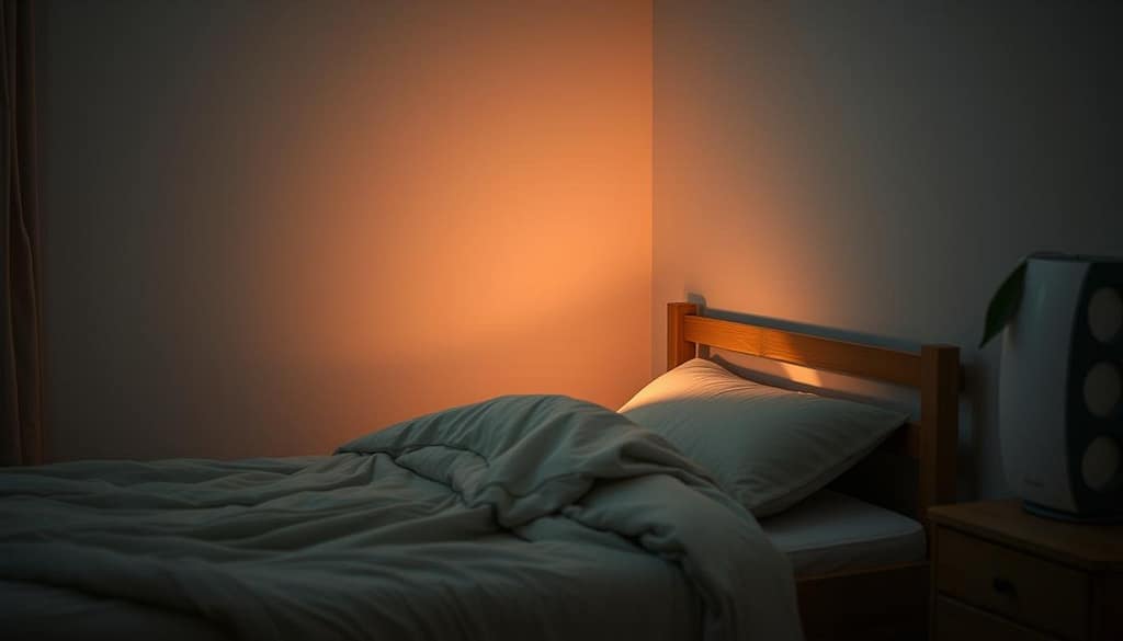 A cozy, dimly lit bedroom with a small, unobtrusive air purifier operating silently in the corner. The device is elegantly designed, blending seamlessly into the room's tranquil atmosphere. Soft, diffused lighting creates a warm, soothing ambiance, casting gentle shadows across the plush bedding and natural wood furniture. The air purifier's operation is barely perceptible, with only a faint, hushed hum that lulls the occupant into a restful sleep. The room conveys a sense of peaceful relaxation, where the air cleaner's efficient, yet unobtrusive performance enhances the overall comfort and well-being of the space. A cozy, dimly lit bedroom with a small, unobtrusive air purifier operating silently in the corner. The device is elegantly designed, blending seamlessly into the room's tranquil atmosphere. Soft, diffused lighting creates a warm, soothing ambiance, casting gentle shadows across the plush bedding and natural wood furniture. The air purifier's operation is barely perceptible, with only a faint, hushed hum that lulls the occupant into a restful sleep. The room conveys a sense of peaceful relaxation, where the air cleaner's efficient, yet unobtrusive performance enhances the overall comfort and well-being of the space.