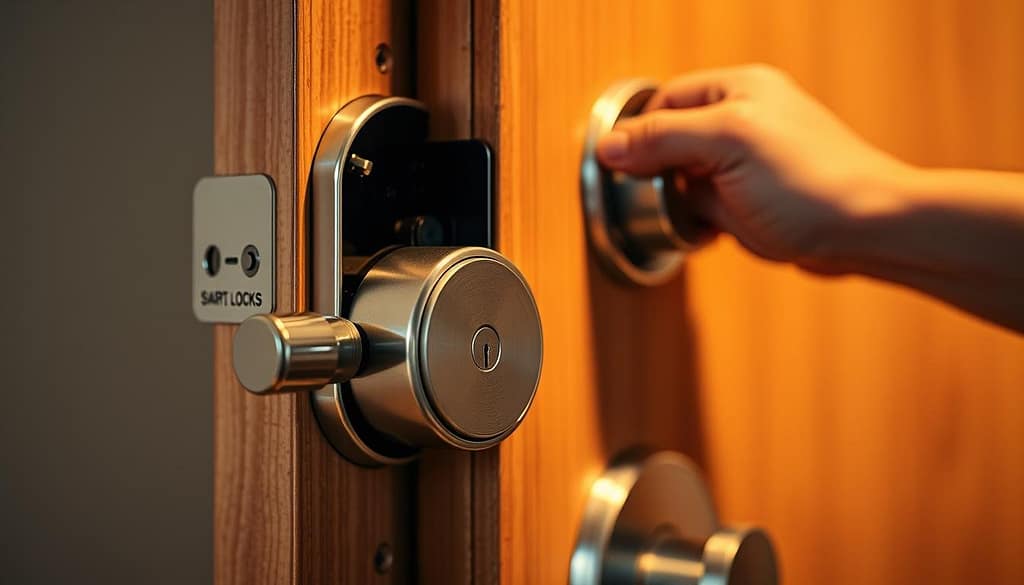 A detailed close-up of a keyless entry door lock installation process, showcasing the step-by-step assembly. The foreground depicts a metallic, sleek smart lock mechanism with its internal components exposed, illuminated by warm, directional lighting. The middle ground features a wooden door frame with the lock's housing being carefully installed, conveying a sense of precision and care. The background is softly blurred, emphasizing the technical focus of the scene. The overall mood is one of professionalism and functionality, reflecting the high-quality, secure nature of the smart lock device. A detailed close-up of a keyless entry door lock installation process, showcasing the step-by-step assembly. The foreground depicts a metallic, sleek smart lock mechanism with its internal components exposed, illuminated by warm, directional lighting. The middle ground features a wooden door frame with the lock's housing being carefully installed, conveying a sense of precision and care. The background is softly blurred, emphasizing the technical focus of the scene. The overall mood is one of professionalism and functionality, reflecting the high-quality, secure nature of the smart lock device.