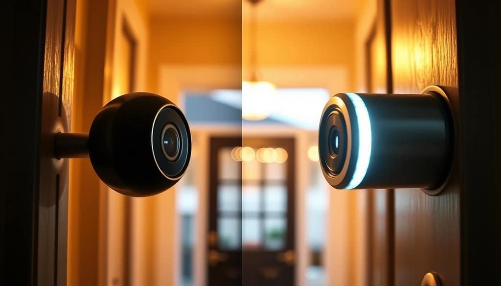 A high-resolution, meticulously detailed split-screen comparison showcasing a traditional door viewer and a modern video peephole side-by-side. In the foreground, the video peephole features a sleek, minimalist design with a high-definition camera lens and LED illumination. Beside it, the classic door viewer appears as a simple brass or chrome-finished cylinder. The middle ground reveals a well-lit entryway, with warm ambient lighting casting a cozy glow. In the background, a subtle blurred view of the exterior setting, perhaps a suburban neighborhood or urban streetscape, provides context. The overall scene conveys a clear visual contrast between outdated and cutting-edge door security technologies, inviting the viewer to consider the benefits of upgrading to a modern video peephole system. A high-resolution, meticulously detailed split-screen comparison showcasing a traditional door viewer and a modern video peephole side-by-side. In the foreground, the video peephole features a sleek, minimalist design with a high-definition camera lens and LED illumination. Beside it, the classic door viewer appears as a simple brass or chrome-finished cylinder. The middle ground reveals a well-lit entryway, with warm ambient lighting casting a cozy glow. In the background, a subtle blurred view of the exterior setting, perhaps a suburban neighborhood or urban streetscape, provides context. The overall scene conveys a clear visual contrast between outdated and cutting-edge door security technologies, inviting the viewer to consider the benefits of upgrading to a modern video peephole system.