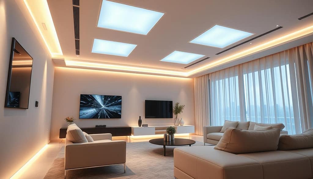 A modern, minimalist living room flooded with warm, ambient lighting from sleek, integrated smart home systems. Subtle recessed ceiling panels and wall fixtures emit a gentle, adjustable glow, blending seamlessly with the neutral decor. Streamlined control panels and voice-activated commands effortlessly manage the customizable lighting, creating an elegant, futuristic atmosphere. Soft shadows play across the clean lines of contemporary furniture, as the innovative technology transforms the space into a harmonious, high-tech haven. A modern, minimalist living room flooded with warm, ambient lighting from sleek, integrated smart home systems. Subtle recessed ceiling panels and wall fixtures emit a gentle, adjustable glow, blending seamlessly with the neutral decor. Streamlined control panels and voice-activated commands effortlessly manage the customizable lighting, creating an elegant, futuristic atmosphere. Soft shadows play across the clean lines of contemporary furniture, as the innovative technology transforms the space into a harmonious, high-tech haven.