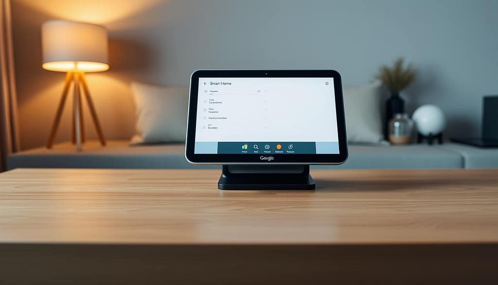 A modern, minimalist smart home control center featuring a Google Nest Hub on a sleek wooden table. The device's screen displays a clean, intuitive user interface, seamlessly integrating various smart home functions. Diffused, warm lighting illuminates the scene, creating a cozy, inviting atmosphere. In the background, a neutral-toned wall serves as a calming backdrop, emphasizing the technology's elegant design. The composition is balanced, with the Nest Hub positioned centrally, surrounded by subtle decorative elements that complement the smart home theme. The image conveys a sense of technological sophistication and effortless home automation. A modern, minimalist smart home control center featuring a Google Nest Hub on a sleek wooden table. The device's screen displays a clean, intuitive user interface, seamlessly integrating various smart home functions. Diffused, warm lighting illuminates the scene, creating a cozy, inviting atmosphere. In the background, a neutral-toned wall serves as a calming backdrop, emphasizing the technology's elegant design. The composition is balanced, with the Nest Hub positioned centrally, surrounded by subtle decorative elements that complement the smart home theme. The image conveys a sense of technological sophistication and effortless home automation.