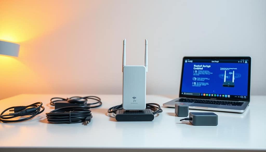 A modern, well-lit workspace with a stylized WiFi extender device placed prominently on a clean, minimalist desk. The extender is surrounded by neatly arranged cables, adapters, and a laptop or tablet displaying setup instructions. Warm, indirect lighting highlights the clean lines and sleek design of the equipment, creating a sense of technology and efficiency. The background features a neutral, uncluttered environment, allowing the foreground setup process to be the focal point. The overall composition conveys a straightforward, streamlined installation experience. A modern, well-lit workspace with a stylized WiFi extender device placed prominently on a clean, minimalist desk. The extender is surrounded by neatly arranged cables, adapters, and a laptop or tablet displaying setup instructions. Warm, indirect lighting highlights the clean lines and sleek design of the equipment, creating a sense of technology and efficiency. The background features a neutral, uncluttered environment, allowing the foreground setup process to be the focal point. The overall composition conveys a straightforward, streamlined installation experience.