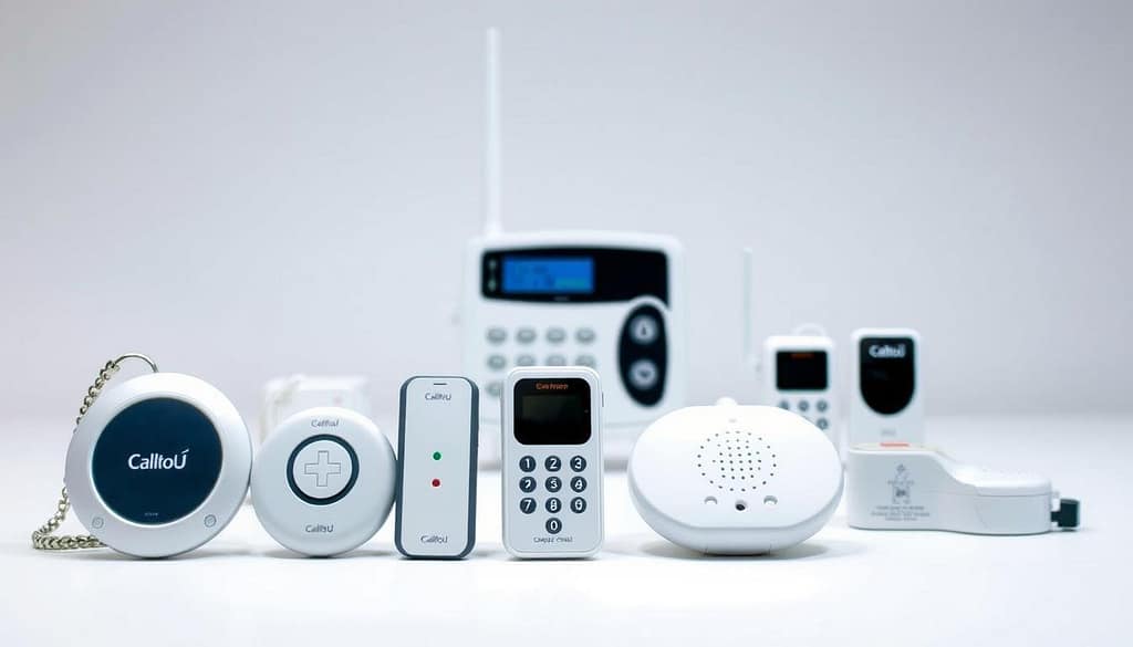 A neatly arranged display of the CallToU wireless medical alert system components, captured in a clean, well-lit studio setting. In the foreground, the sleek and modern emergency pendant, remote control, and caregiver pager units are showcased against a neutral background. The middle ground features the base station and any additional accessories, thoughtfully positioned to highlight their functionality. The background subtly suggests a professional, clinical atmosphere, emphasizing the medical-grade design and reliable performance of the CallToU system. A neatly arranged display of the CallToU wireless medical alert system components, captured in a clean, well-lit studio setting. In the foreground, the sleek and modern emergency pendant, remote control, and caregiver pager units are showcased against a neutral background. The middle ground features the base station and any additional accessories, thoughtfully positioned to highlight their functionality. The background subtly suggests a professional, clinical atmosphere, emphasizing the medical-grade design and reliable performance of the CallToU system.