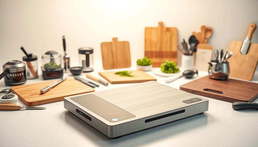 A pristine white backdrop showcases an assortment of cutting boards and culinary tools. In the foreground, a sleek, modern cutting board with integrated scales, timers, and cleaning sensors sits prominently. Surrounding it, an array of advanced gadgets such as digital knives, precision herb choppers, and smart utensil holders. In the middle ground, additional cutting boards in various materials and designs, each equipped with specialized features like antimicrobial surfaces and self-sharpening blades. The background softly fades, highlighting the overall cohesive, high-tech kitchen aesthetic. Warm, natural lighting casts a gentle glow, emphasizing the premium craftsmanship and seamless integration of these cutting-edge culinary tools. A pristine white backdrop showcases an assortment of cutting boards and culinary tools. In the foreground, a sleek, modern cutting board with integrated scales, timers, and cleaning sensors sits prominently. Surrounding it, an array of advanced gadgets such as digital knives, precision herb choppers, and smart utensil holders. In the middle ground, additional cutting boards in various materials and designs, each equipped with specialized features like antimicrobial surfaces and self-sharpening blades. The background softly fades, highlighting the overall cohesive, high-tech kitchen aesthetic. Warm, natural lighting casts a gentle glow, emphasizing the premium craftsmanship and seamless integration of these cutting-edge culinary tools.