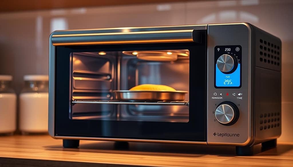 A sleek and modern countertop oven with an intuitive LCD display, precision controls, and seamless everyday usability. The display showcases the cooking temperature, time, and mode, illuminated by soft ambient lighting. Knobs and buttons feel responsive and well-built, allowing for effortless adjustments. The oven's stainless steel finish exudes a premium look, complemented by a compact, space-saving design. Warm, diffused lighting creates a welcoming atmosphere, highlighting the oven's tactile, user-friendly interface. The scene conveys a sense of effortless functionality, where the user experience is streamlined and intuitive, making the oven a pleasure to operate in any modern kitchen. A sleek and modern countertop oven with an intuitive LCD display, precision controls, and seamless everyday usability. The display showcases the cooking temperature, time, and mode, illuminated by soft ambient lighting. Knobs and buttons feel responsive and well-built, allowing for effortless adjustments. The oven's stainless steel finish exudes a premium look, complemented by a compact, space-saving design. Warm, diffused lighting creates a welcoming atmosphere, highlighting the oven's tactile, user-friendly interface. The scene conveys a sense of effortless functionality, where the user experience is streamlined and intuitive, making the oven a pleasure to operate in any modern kitchen.