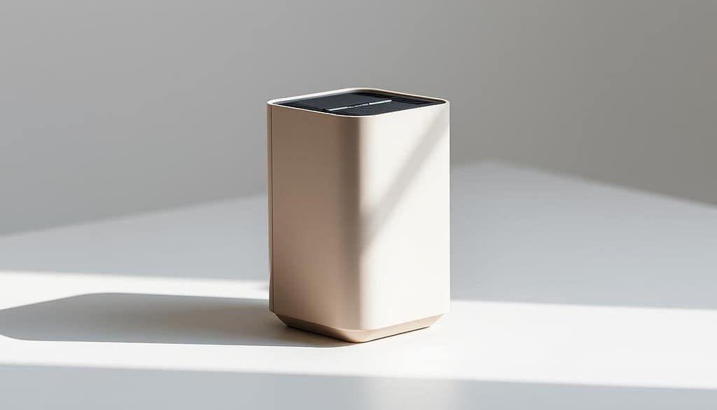 A sleek, compact air purifier with a modern, minimalist design. It stands on a clean, white surface, its simple, geometric form casting a soft, diffused light. The purifier's body is a neutral tone, complemented by subtle accents that add visual interest. The device appears well-crafted, with clean lines and attention to detail. Soft shadows and gentle highlights accentuate its compact, portable nature, suggesting it would be at home in a variety of small spaces. The overall mood is one of understated sophistication and functionality. A sleek, compact air purifier with a modern, minimalist design. It stands on a clean, white surface, its simple, geometric form casting a soft, diffused light. The purifier's body is a neutral tone, complemented by subtle accents that add visual interest. The device appears well-crafted, with clean lines and attention to detail. Soft shadows and gentle highlights accentuate its compact, portable nature, suggesting it would be at home in a variety of small spaces. The overall mood is one of understated sophistication and functionality.