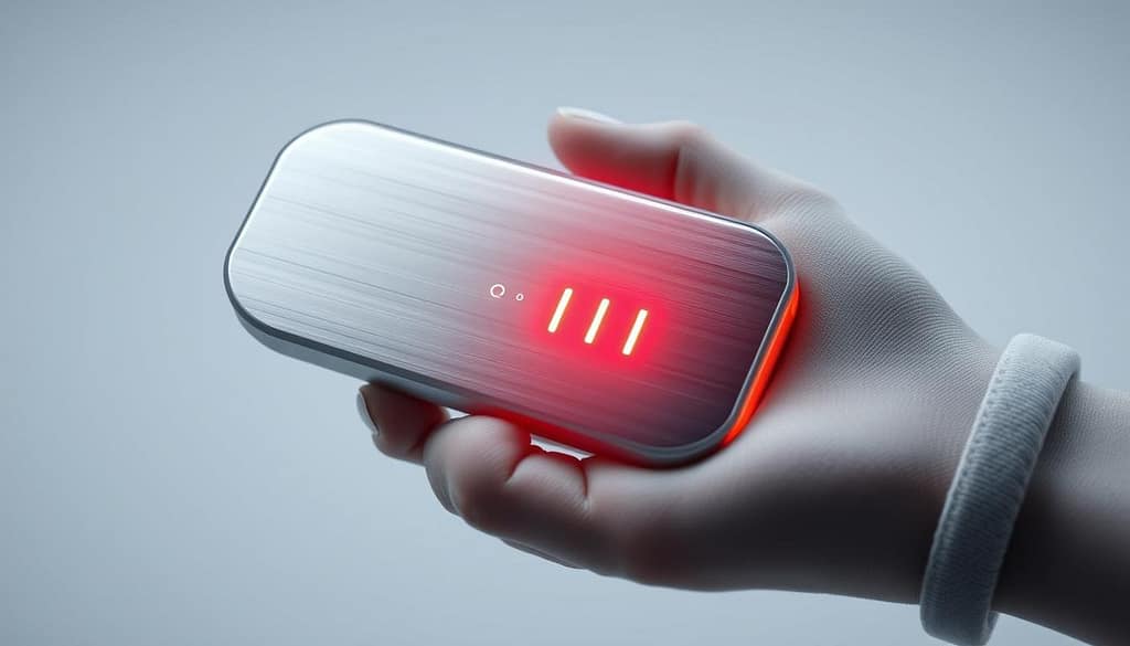 A sleek, futuristic hand warmer with a refined, three-level temperature control system. The device features a brushed metal exterior with a minimalist design, encasing an advanced thermal regulation mechanism. Three distinct LED indicators illuminate the precise heat settings, allowing the user to intuitively adjust the warmth level. Soft, ergonomic grips provide a comfortable and secure hold, while the compact size ensures portability and convenience. Illuminated by a soft, ambient glow, the hand warmer exudes a sense of high-tech sophistication, perfectly complementing the advanced 3-level temperature control system. A sleek, futuristic hand warmer with a refined, three-level temperature control system. The device features a brushed metal exterior with a minimalist design, encasing an advanced thermal regulation mechanism. Three distinct LED indicators illuminate the precise heat settings, allowing the user to intuitively adjust the warmth level. Soft, ergonomic grips provide a comfortable and secure hold, while the compact size ensures portability and convenience. Illuminated by a soft, ambient glow, the hand warmer exudes a sense of high-tech sophistication, perfectly complementing the advanced 3-level temperature control system.