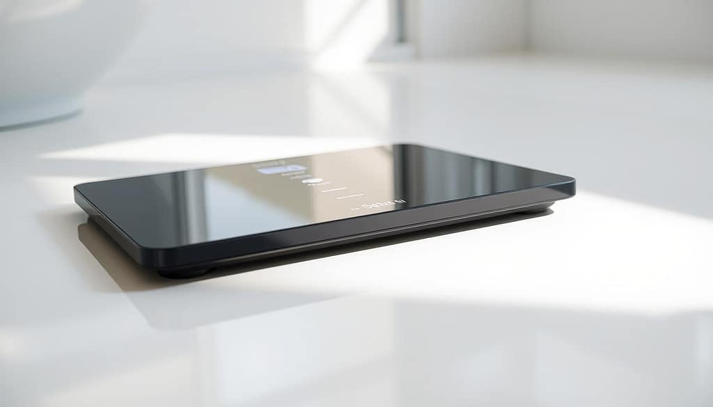 A sleek, modern bluetooth bathroom scale resting on a clean, minimalist bathroom floor. The scale's glossy black surface and digital display catch the soft, diffused lighting from a large window, conveying a sense of precision and advanced technology. Carefully positioned to showcase its elegant, streamlined design, the scale's LED indicators and touch-sensitive buttons suggest a range of sophisticated features for weight tracking and health monitoring. The scene evokes a spa-like atmosphere of wellness and self-care. A sleek, modern bluetooth bathroom scale resting on a clean, minimalist bathroom floor. The scale's glossy black surface and digital display catch the soft, diffused lighting from a large window, conveying a sense of precision and advanced technology. Carefully positioned to showcase its elegant, streamlined design, the scale's LED indicators and touch-sensitive buttons suggest a range of sophisticated features for weight tracking and health monitoring. The scene evokes a spa-like atmosphere of wellness and self-care.