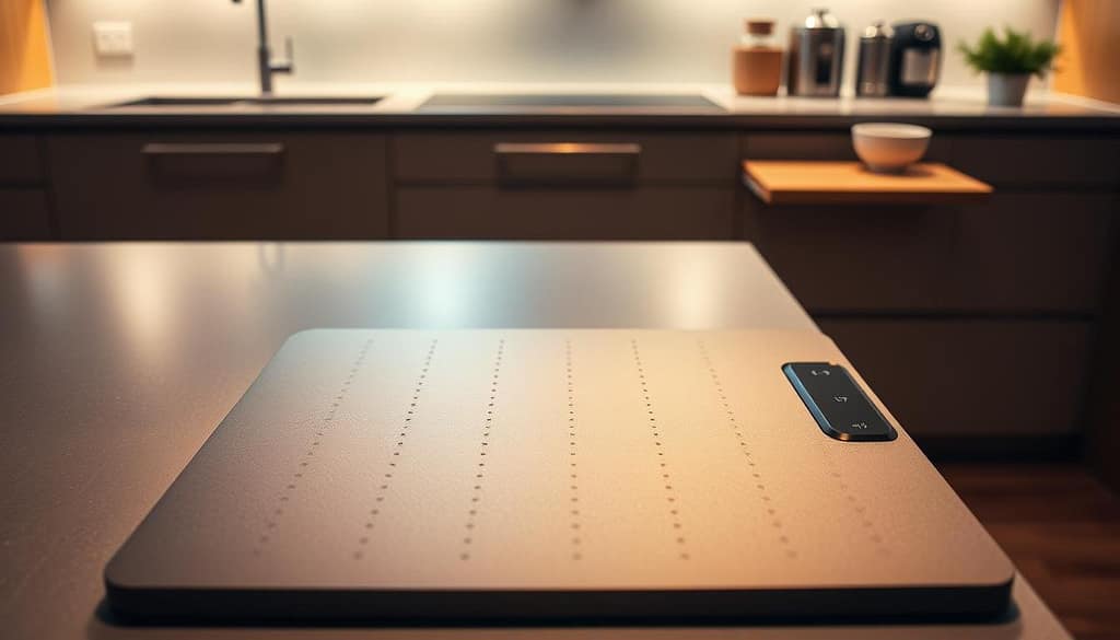 A sleek, modern cutting board on a minimalist kitchen counter, its surface embedded with strategically placed jets that automatically activate with the touch of a button, initiating a thorough cleansing cycle. The board's design is both functional and visually appealing, with a streamlined profile and a matte, fingerprint-resistant finish. Soft, indirect lighting illuminates the scene, casting a warm, inviting glow and highlighting the board's seamless integration into the overall kitchen aesthetic. The camera angle captures the board at a slightly elevated perspective, showcasing its intuitive controls and the effortless cleaning process in action. A sleek, modern cutting board on a minimalist kitchen counter, its surface embedded with strategically placed jets that automatically activate with the touch of a button, initiating a thorough cleansing cycle. The board's design is both functional and visually appealing, with a streamlined profile and a matte, fingerprint-resistant finish. Soft, indirect lighting illuminates the scene, casting a warm, inviting glow and highlighting the board's seamless integration into the overall kitchen aesthetic. The camera angle captures the board at a slightly elevated perspective, showcasing its intuitive controls and the effortless cleaning process in action.