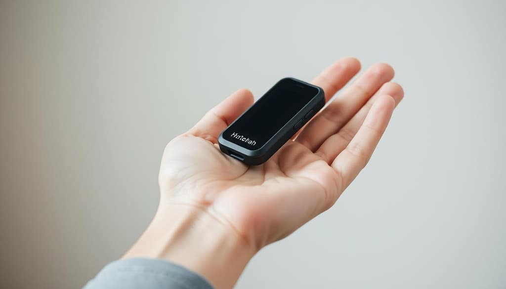 A sleek, modern elderly monitoring device resting comfortably in the palm of a hand, showcasing its compact and portable design. The device features a minimalist display, intuitive controls, and a discreet clip for easy attachment to clothing or accessories. Soft, diffused lighting from above illuminates the device, accentuating its clean lines and premium materials. The background is a blurred, neutral setting, allowing the device to take center stage and highlighting its mobility and wearability. The overall mood is one of simplicity, sophistication, and technological advancement, capturing the essence of a state-of-the-art caregiver pager. A sleek, modern elderly monitoring device resting comfortably in the palm of a hand, showcasing its compact and portable design. The device features a minimalist display, intuitive controls, and a discreet clip for easy attachment to clothing or accessories. Soft, diffused lighting from above illuminates the device, accentuating its clean lines and premium materials. The background is a blurred, neutral setting, allowing the device to take center stage and highlighting its mobility and wearability. The overall mood is one of simplicity, sophistication, and technological advancement, capturing the essence of a state-of-the-art caregiver pager.