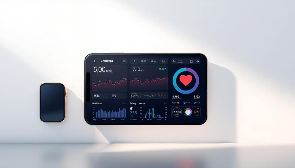 A sleek, modern interface for a smart health monitoring app, showcasing a clean and intuitive layout. In the foreground, a large, vibrant display presents real-time data on the user's vital signs, heart rate, and activity levels, all seamlessly synced with a connected wearable device. The middle ground features a series of interactive graphs and charts, allowing the user to track their progress and health trends over time. In the background, a subtle grid pattern and muted color palette create a sense of minimalist elegance, complementing the app's focus on functionality and user-friendliness. Soft, directional lighting from the top-left illuminates the interface, casting gentle shadows and highlights to enhance the depth and dimensionality of the design. The overall atmosphere conveys a sense of control, empowerment, and a seamless integration of technology and personal well-being. A sleek, modern interface for a smart health monitoring app, showcasing a clean and intuitive layout. In the foreground, a large, vibrant display presents real-time data on the user's vital signs, heart rate, and activity levels, all seamlessly synced with a connected wearable device. The middle ground features a series of interactive graphs and charts, allowing the user to track their progress and health trends over time. In the background, a subtle grid pattern and muted color palette create a sense of minimalist elegance, complementing the app's focus on functionality and user-friendliness. Soft, directional lighting from the top-left illuminates the interface, casting gentle shadows and highlights to enhance the depth and dimensionality of the design. The overall atmosphere conveys a sense of control, empowerment, and a seamless integration of technology and personal well-being.