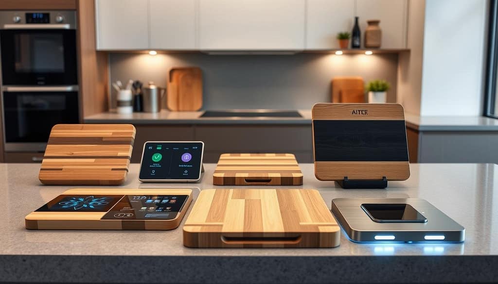 A sleek, modern kitchen counter displaying an array of cutting boards with integrated digital interfaces and connectivity features. In the foreground, the boards showcase touchscreen displays, IoT sensors, and wireless charging docks. The middle ground highlights the boards' diverse materials, from sustainable bamboo to hygienic stainless steel. In the background, a clean, minimalist kitchen setting with subtle lighting and reflective surfaces amplifies the boards' technological sophistication. The scene conveys the seamless integration of cutting-edge kitchen tech, empowering home chefs with effortless cleaning, drying, and smart features for a truly revolutionary cooking experience. A sleek, modern kitchen counter displaying an array of cutting boards with integrated digital interfaces and connectivity features. In the foreground, the boards showcase touchscreen displays, IoT sensors, and wireless charging docks. The middle ground highlights the boards' diverse materials, from sustainable bamboo to hygienic stainless steel. In the background, a clean, minimalist kitchen setting with subtle lighting and reflective surfaces amplifies the boards' technological sophistication. The scene conveys the seamless integration of cutting-edge kitchen tech, empowering home chefs with effortless cleaning, drying, and smart features for a truly revolutionary cooking experience.
