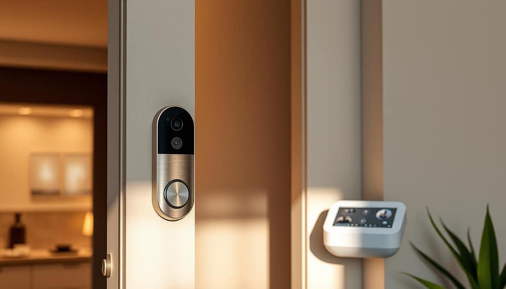 A sleek, modern smart home with a prominent Google Nest Video Doorbell installed at the entrance. The doorbell is placed at eye level, its brushed metal finish gleaming under warm, diffused lighting. Nearby, a Google Home Hub display showcases real-time video feed and integration controls, allowing seamless connectivity and remote monitoring. The surrounding environment is minimalist and clean, with neutral tones and natural textures, conveying a sense of technological sophistication and domestic tranquility. Subtle shadows and highlights accentuate the doorbell's form and the display's crisp, high-resolution interface, drawing the viewer's attention to the core smart home features. A sleek, modern smart home with a prominent Google Nest Video Doorbell installed at the entrance. The doorbell is placed at eye level, its brushed metal finish gleaming under warm, diffused lighting. Nearby, a Google Home Hub display showcases real-time video feed and integration controls, allowing seamless connectivity and remote monitoring. The surrounding environment is minimalist and clean, with neutral tones and natural textures, conveying a sense of technological sophistication and domestic tranquility. Subtle shadows and highlights accentuate the doorbell's form and the display's crisp, high-resolution interface, drawing the viewer's attention to the core smart home features.