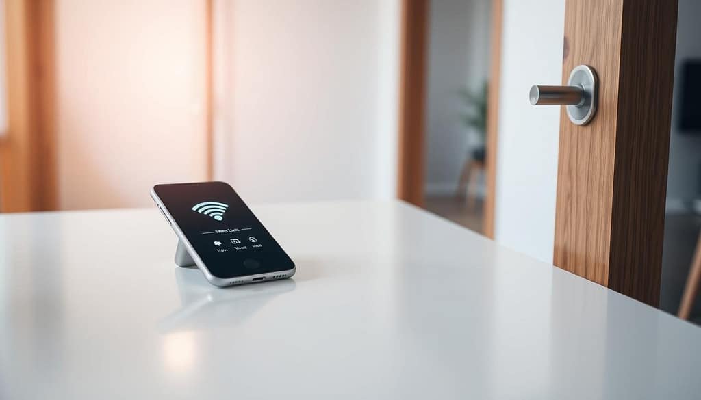 A sleek, modern smartphone rests on a minimalist, white table, its screen illuminated with a stylized WiFi icon and digital lock controls. In the foreground, a brushed metal smart lock gleams under focused, directional lighting, seamlessly integrated into a wooden door frame. The background features a blurred, contemporary interior with clean lines and muted tones, emphasizing the technological elegance of the scene. The overall composition conveys a sense of effortless security and digital convenience, capturing the essence of a WiFi-enabled, smartphone-controlled door lock system. A sleek, modern smartphone rests on a minimalist, white table, its screen illuminated with a stylized WiFi icon and digital lock controls. In the foreground, a brushed metal smart lock gleams under focused, directional lighting, seamlessly integrated into a wooden door frame. The background features a blurred, contemporary interior with clean lines and muted tones, emphasizing the technological elegance of the scene. The overall composition conveys a sense of effortless security and digital convenience, capturing the essence of a WiFi-enabled, smartphone-controlled door lock system.