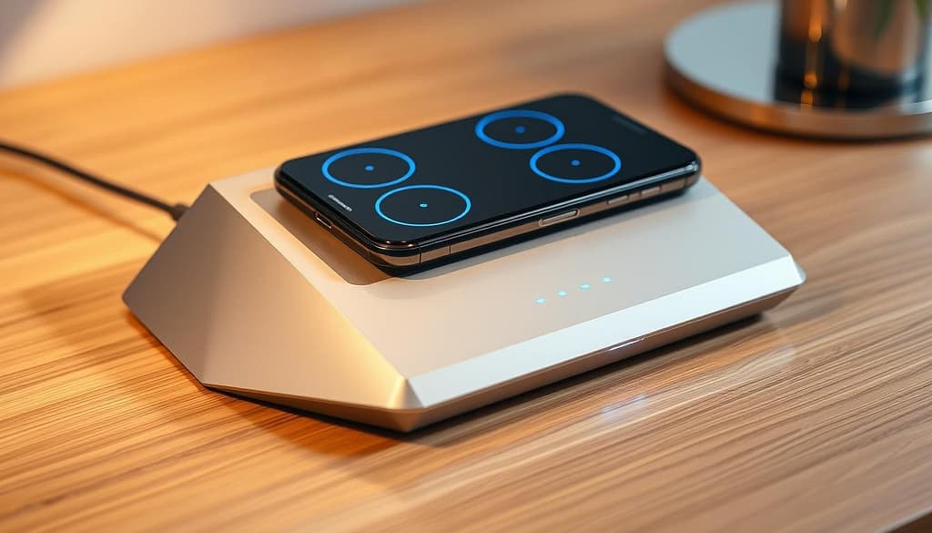 A sleek, modern wireless charging station nestled on a minimalist wooden surface, bathed in soft, indirect lighting. Polished metal accents complement the clean, angular design, while subtle blue indicator lights showcase the charging capabilities. An array of discreet charging pads seamlessly integrated into the station's surface, ready to power up a variety of compatible devices. The overall aesthetic exudes a sense of high-tech efficiency and refined elegance, perfectly suited for a contemporary smart home environment. A sleek, modern wireless charging station nestled on a minimalist wooden surface, bathed in soft, indirect lighting. Polished metal accents complement the clean, angular design, while subtle blue indicator lights showcase the charging capabilities. An array of discreet charging pads seamlessly integrated into the station's surface, ready to power up a variety of compatible devices. The overall aesthetic exudes a sense of high-tech efficiency and refined elegance, perfectly suited for a contemporary smart home environment.