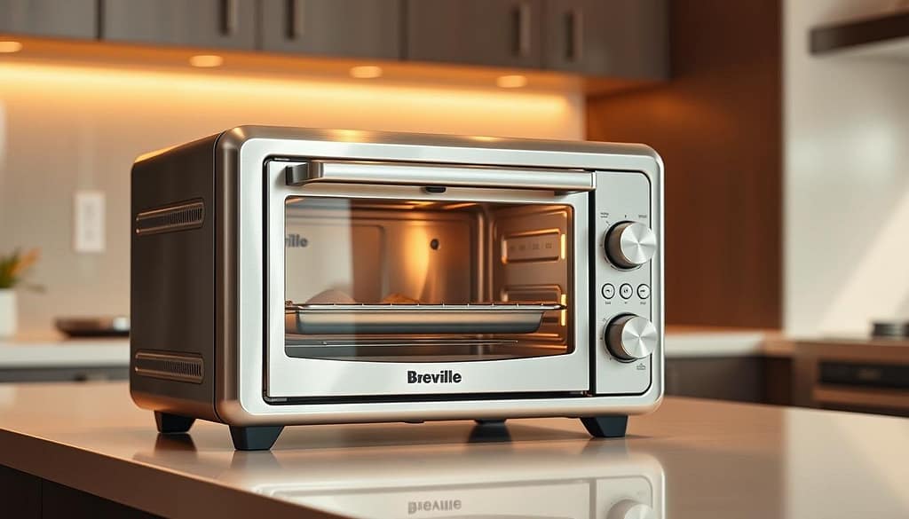 A stainless steel Breville toaster oven, illuminated by warm, directional lighting, sits prominently on a sleek, minimalist kitchen counter. The oven's brushed metal exterior gleams, exuding an aura of durability and high-quality craftsmanship. The front panel features a clean, intuitive control interface with digital displays, knobs, and buttons, showcasing the oven's smart and compact design. The interior is visible through a large glass window, revealing the robust, well-engineered build. The scene captures the oven's powerful cooking capabilities within a small, space-saving footprint, embodying the essence of the "Breville BOV450XL Mini Smart Countertop Oven" product. A stainless steel Breville toaster oven, illuminated by warm, directional lighting, sits prominently on a sleek, minimalist kitchen counter. The oven's brushed metal exterior gleams, exuding an aura of durability and high-quality craftsmanship. The front panel features a clean, intuitive control interface with digital displays, knobs, and buttons, showcasing the oven's smart and compact design. The interior is visible through a large glass window, revealing the robust, well-engineered build. The scene captures the oven's powerful cooking capabilities within a small, space-saving footprint, embodying the essence of the "Breville BOV450XL Mini Smart Countertop Oven" product.