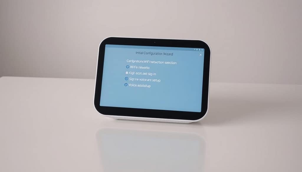 A well-lit, high-resolution image of a Google Nest Hub display showing the initial configuration setup process. The device is centered on a clean, neutral-colored surface, such as a table or countertop. The Nest Hub's screen displays the configuration wizard, guiding the user through Wi-Fi network selection, account sign-in, and voice assistant setup. The device is captured from a slightly elevated angle, providing a clear view of the screen and controls. The lighting is soft and even, highlighting the Nest Hub's sleek, minimalist design. The overall atmosphere is one of simplicity and ease of use, reflecting the streamlined setup experience. A well-lit, high-resolution image of a Google Nest Hub display showing the initial configuration setup process. The device is centered on a clean, neutral-colored surface, such as a table or countertop. The Nest Hub's screen displays the configuration wizard, guiding the user through Wi-Fi network selection, account sign-in, and voice assistant setup. The device is captured from a slightly elevated angle, providing a clear view of the screen and controls. The lighting is soft and even, highlighting the Nest Hub's sleek, minimalist design. The overall atmosphere is one of simplicity and ease of use, reflecting the streamlined setup experience.