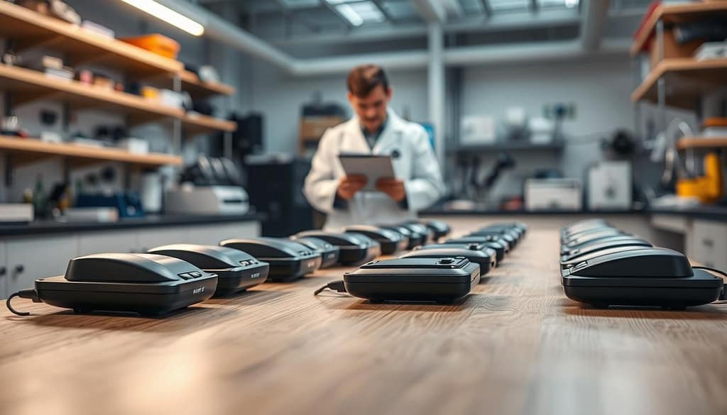 A well-lit laboratory setting, with a sturdy wooden table in the foreground. On the table, an array of electric hand warmers arranged neatly, their surfaces gleaming under the bright, directional lighting. In the middle ground, a scientist in a crisp white lab coat carefully monitoring the devices, their face partially obscured by a clipboard. The background is blurred, hinting at the presence of various scientific instruments and equipment, creating an atmosphere of technical precision and diligent experimentation. The overall scene conveys a sense of professional rigor and focused performance testing of the AI-powered hand warmers. A well-lit laboratory setting, with a sturdy wooden table in the foreground. On the table, an array of electric hand warmers arranged neatly, their surfaces gleaming under the bright, directional lighting. In the middle ground, a scientist in a crisp white lab coat carefully monitoring the devices, their face partially obscured by a clipboard. The background is blurred, hinting at the presence of various scientific instruments and equipment, creating an atmosphere of technical precision and diligent experimentation. The overall scene conveys a sense of professional rigor and focused performance testing of the AI-powered hand warmers.