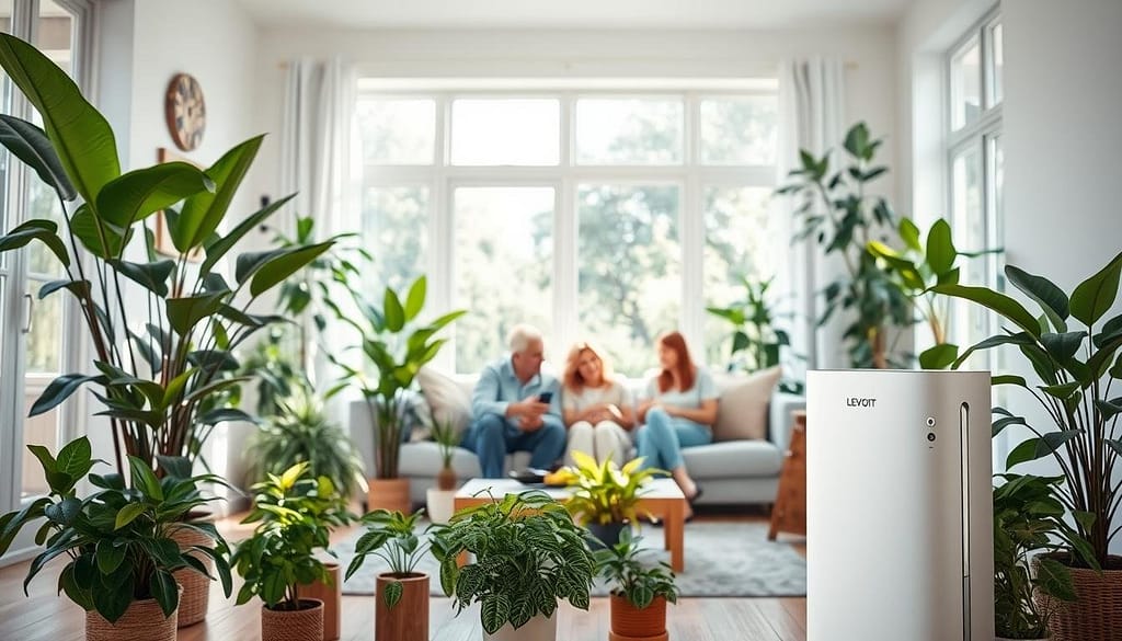 A bright, airy living room with large windows filtering in natural light. In the foreground, a LEVOIT air purifier stands prominently, its sleek white body and intuitive controls highlighted. Surrounding the purifier, an array of lush, vibrant houseplants symbolize the clean, allergen-free air it provides. In the middle ground, a family gathers comfortably, breathing easily as they engage in activities. The atmosphere is calm and serene, conveying a sense of wellbeing and relief from airborne irritants. The lighting is soft and diffused, creating a warm, inviting ambiance. The camera angle is slightly elevated, giving a panoramic view of the harmonious scene, showcasing the LEVOIT air purifier as the centerpiece of allergen-free living. A bright, airy living room with large windows filtering in natural light. In the foreground, a LEVOIT air purifier stands prominently, its sleek white body and intuitive controls highlighted. Surrounding the purifier, an array of lush, vibrant houseplants symbolize the clean, allergen-free air it provides. In the middle ground, a family gathers comfortably, breathing easily as they engage in activities. The atmosphere is calm and serene, conveying a sense of wellbeing and relief from airborne irritants. The lighting is soft and diffused, creating a warm, inviting ambiance. The camera angle is slightly elevated, giving a panoramic view of the harmonious scene, showcasing the LEVOIT air purifier as the centerpiece of allergen-free living.