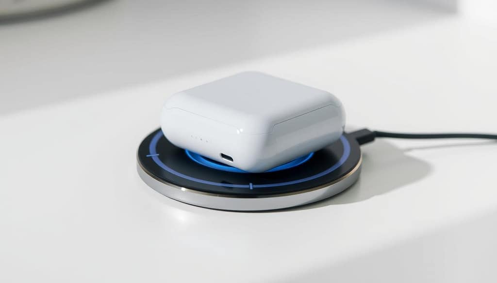 A detailed technical analysis of wireless AirPods charging performance. A close-up view of an AirPods case resting on a wireless charging pad, showcasing the charging coils and energy flow visualization. The scene is illuminated by a soft, directional light source, casting subtle shadows that highlight the sleek, minimalist design. The background blurs into a clean, neutral environment, focusing the viewer's attention on the charging process. The overall mood is one of precision and technical prowess, inviting the viewer to explore the nuances of wireless charging technology. A detailed technical analysis of wireless AirPods charging performance. A close-up view of an AirPods case resting on a wireless charging pad, showcasing the charging coils and energy flow visualization. The scene is illuminated by a soft, directional light source, casting subtle shadows that highlight the sleek, minimalist design. The background blurs into a clean, neutral environment, focusing the viewer's attention on the charging process. The overall mood is one of precision and technical prowess, inviting the viewer to explore the nuances of wireless charging technology.