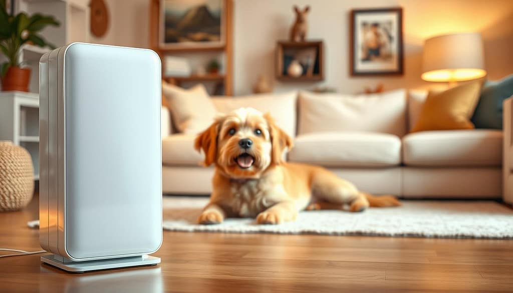 A sleek, modern air purifier stands prominently in the foreground, its clean lines and minimalist design suggesting advanced engineering. The purifier's smooth, glossy surface reflects the warm lighting, creating a sense of sophistication. In the middle ground, a playful yet well-groomed dog rests contentedly, its fur shimmering with health. The dog's presence implies the purifier's effectiveness in removing pet dander, a crucial feature for allergy-prone pet owners. The background features a cozy, comfortable living space, with tasteful decor and soft, diffused lighting, conveying a sense of domestic tranquility. The overall scene presents the air purifier as a seamless, integrated part of a pet-friendly, allergen-free home environment. A sleek, modern air purifier stands prominently in the foreground, its clean lines and minimalist design suggesting advanced engineering. The purifier's smooth, glossy surface reflects the warm lighting, creating a sense of sophistication. In the middle ground, a playful yet well-groomed dog rests contentedly, its fur shimmering with health. The dog's presence implies the purifier's effectiveness in removing pet dander, a crucial feature for allergy-prone pet owners. The background features a cozy, comfortable living space, with tasteful decor and soft, diffused lighting, conveying a sense of domestic tranquility. The overall scene presents the air purifier as a seamless, integrated part of a pet-friendly, allergen-free home environment.
