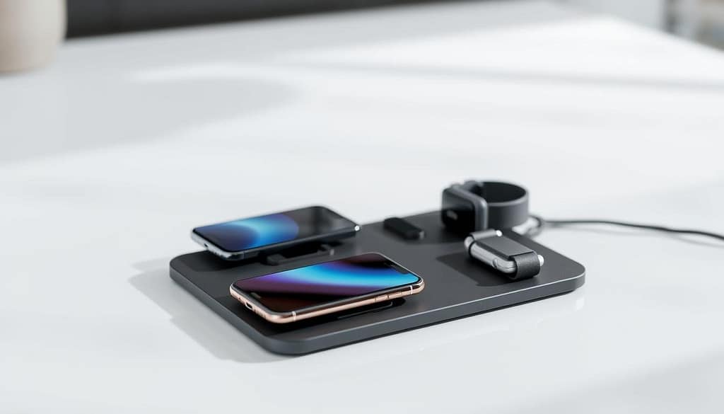 A sleek, modern wireless charging station with a minimalist design, set against a bright, airy backdrop. In the foreground, several devices - smartphones, earbuds, and a smartwatch - are neatly arranged on the matte black charging pad, each charging efficiently and wirelessly. The lighting is soft and even, casting a subtle glow on the setup. The camera angle is slightly elevated, providing a clean, unobstructed view of the harmonious multi-device configuration. The overall atmosphere conveys a sense of streamlined functionality and technological sophistication. A sleek, modern wireless charging station with a minimalist design, set against a bright, airy backdrop. In the foreground, several devices - smartphones, earbuds, and a smartwatch - are neatly arranged on the matte black charging pad, each charging efficiently and wirelessly. The lighting is soft and even, casting a subtle glow on the setup. The camera angle is slightly elevated, providing a clean, unobstructed view of the harmonious multi-device configuration. The overall atmosphere conveys a sense of streamlined functionality and technological sophistication.