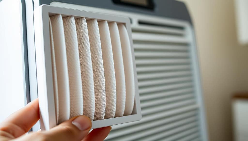 A well-lit, close-up photograph of a home air purifier's washable pre-filter, captured at a slight angle to showcase its detailed design and texture. The pre-filter is held in the foreground, its mesh-like structure and pleated surface prominently displayed, conveying a sense of its filtration capabilities. The background is softly blurred, emphasizing the pre-filter as the central focus. Subtle shadows and highlights accentuate the pre-filter's three-dimensional form, inviting the viewer to appreciate its construction and maintenance potential. The overall mood is one of clarity, simplicity, and attention to detail, reflecting the easy-to-maintain nature of the air purifier's filtration system. A well-lit, close-up photograph of a home air purifier's washable pre-filter, captured at a slight angle to showcase its detailed design and texture. The pre-filter is held in the foreground, its mesh-like structure and pleated surface prominently displayed, conveying a sense of its filtration capabilities. The background is softly blurred, emphasizing the pre-filter as the central focus. Subtle shadows and highlights accentuate the pre-filter's three-dimensional form, inviting the viewer to appreciate its construction and maintenance potential. The overall mood is one of clarity, simplicity, and attention to detail, reflecting the easy-to-maintain nature of the air purifier's filtration system.